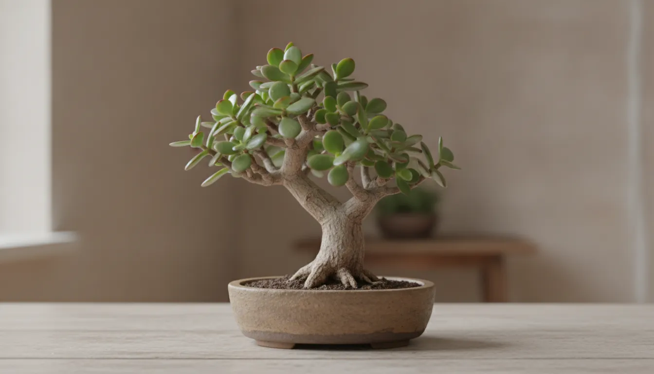 Arbre de jade conduit en bonsaï, au tronc épais et aux petites feuilles charnues, dans une coupe en céramique brute posée sur une table en bois