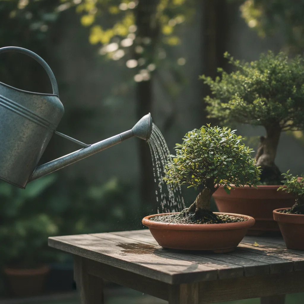 Arrosoir à pomme fine au-dessus d'un petit arbre en pot