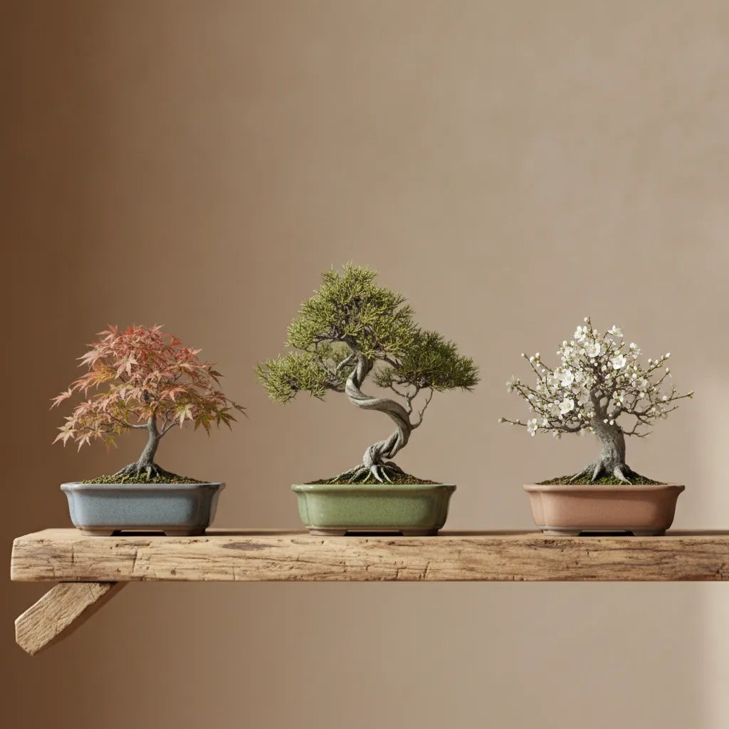 Plusieurs petits arbres en pot alignés sur une étagère de bois
