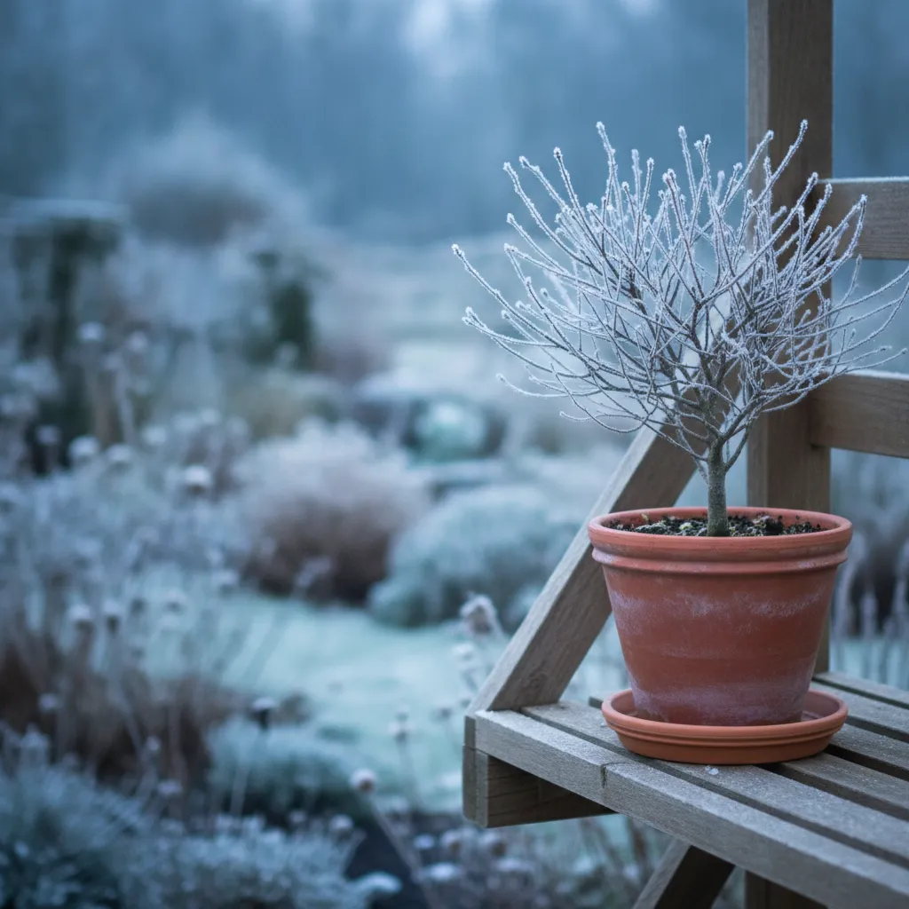 Petit arbre en pot sous une fine couche de givre