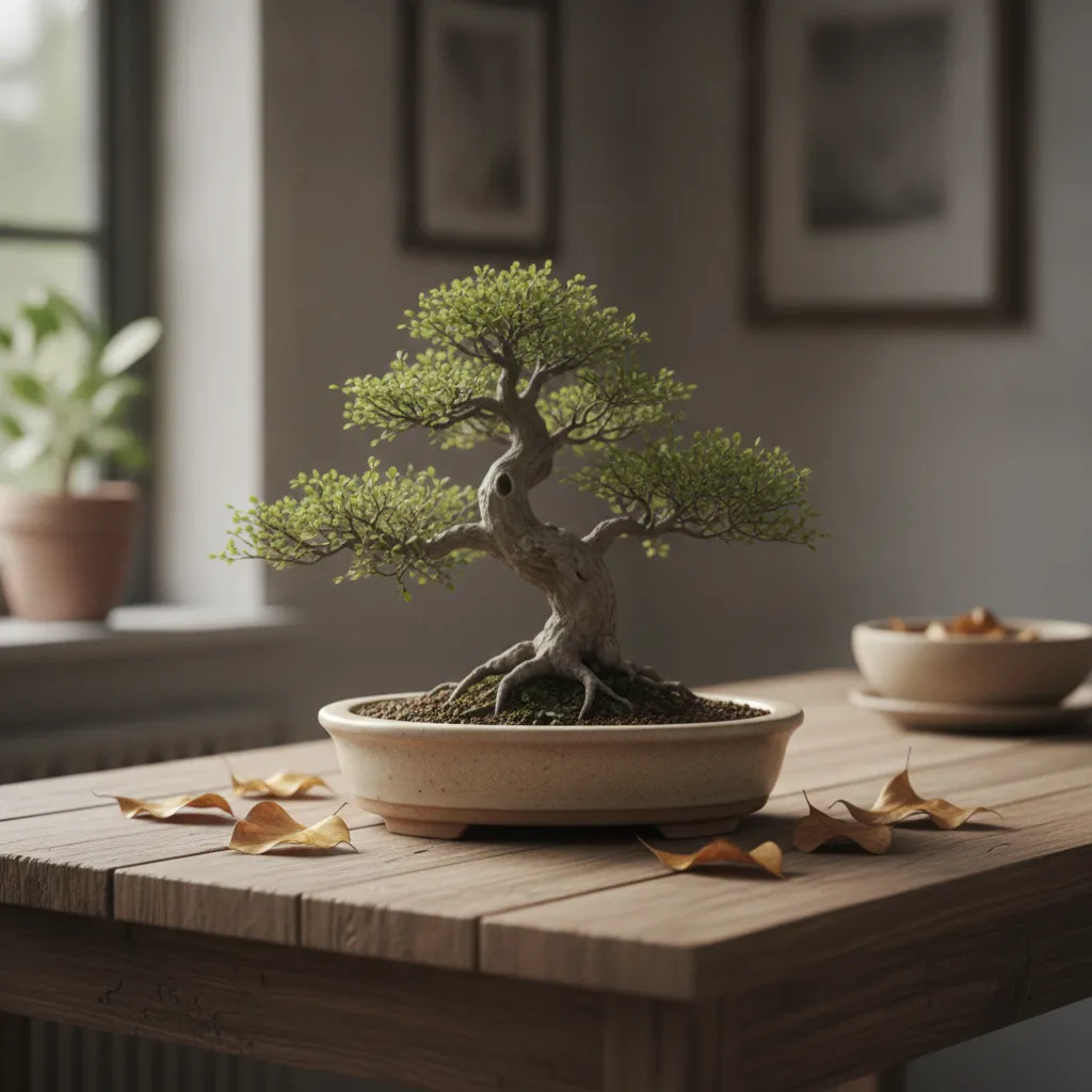 Petit arbre en pot dont quelques feuilles sont tombées sur la table