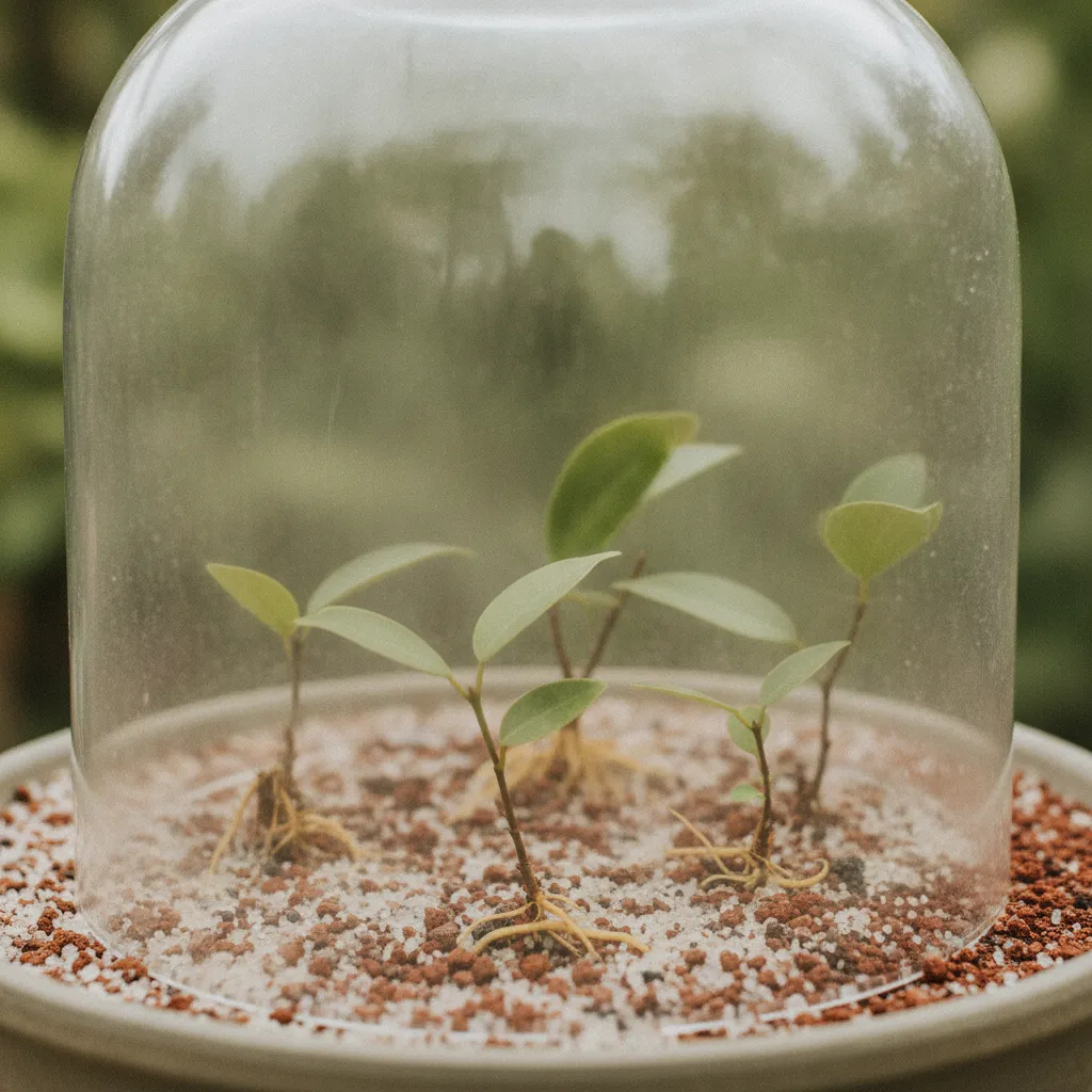 Boutures de ficus et d'orme de Chine repiquées dans un plateau de sable et de pouzzolane, sous cloche transparente.