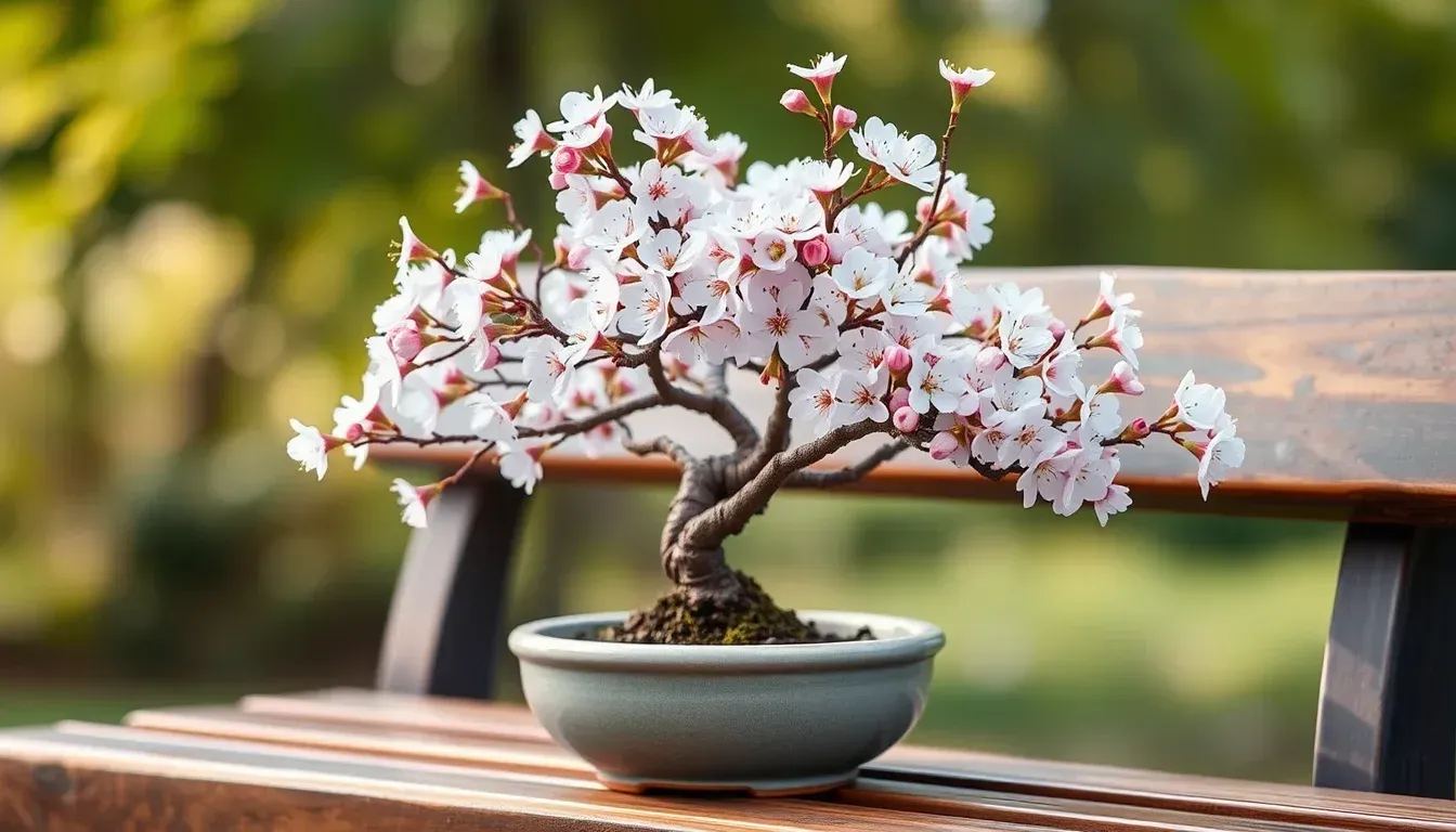Petit bonsaï de cerisier en fleurs blanches et roses dans une coupe émaillée gris-bleu, posé sur un banc de jardin