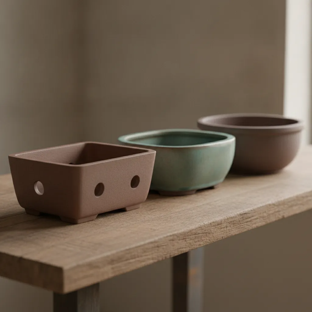 Trois pots à bonsaï vides de tailles différentes posés sur une table en bois, dont un grès brut et un grès émaillé