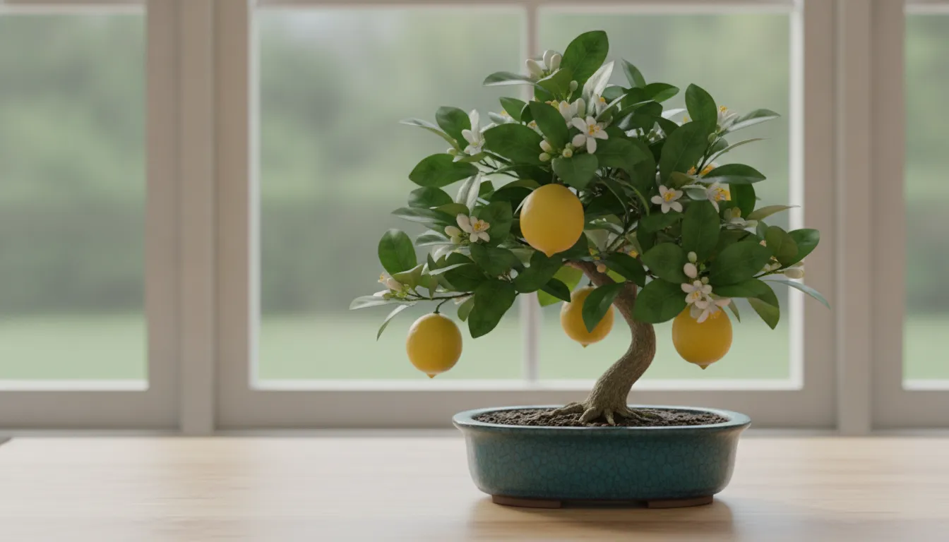 Bonsaï de citronnier au feuillage vert sombre portant quelques citrons jaunes et des fleurs blanches, dans une coupe ovale émaillée bleu-vert près d'une fenêtre