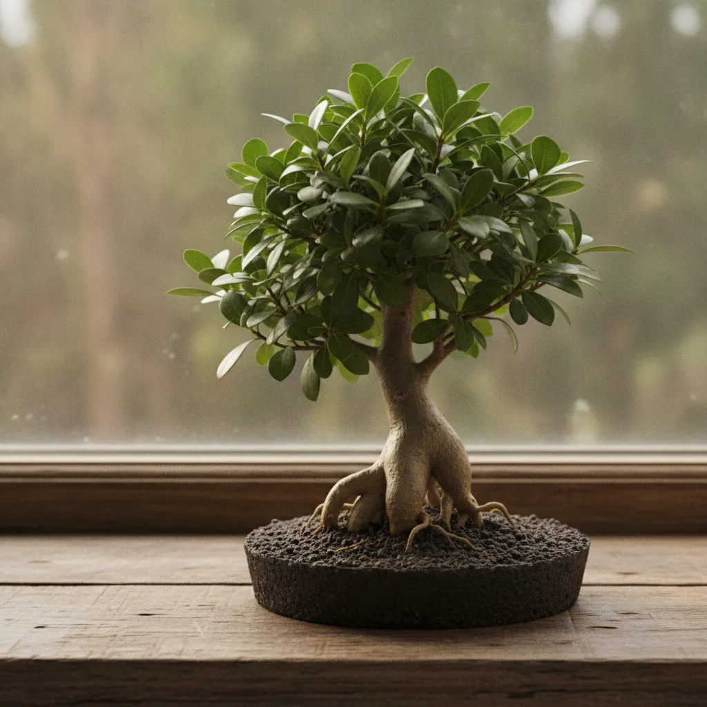 Ficus ginseng en pot au tronc renflé et aux racines apparentes