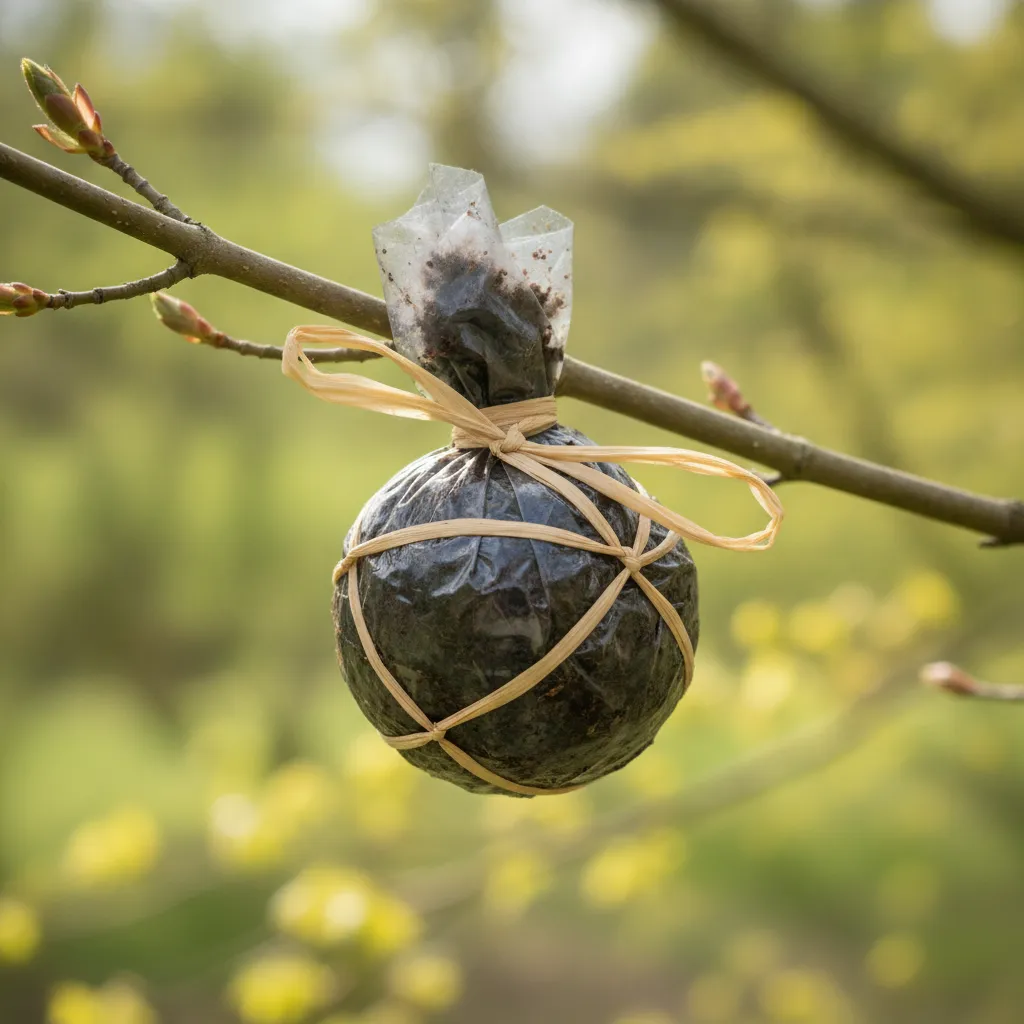 Branche d'érable entourée d'une boule de sphaigne emballée dans un film plastique noir, maintenue par des liens.