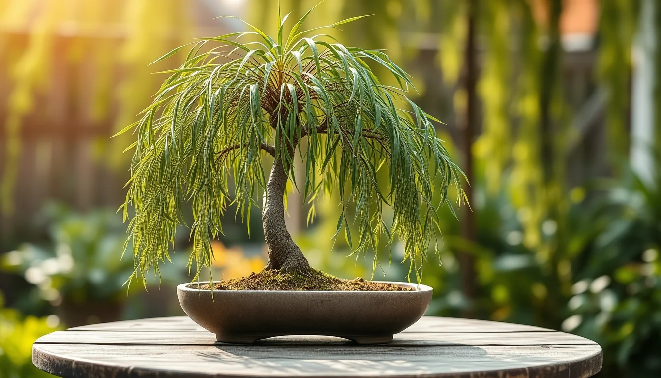 Bonsaï de saule pleureur aux longs rameaux retombants dans une coupe ovale peu profonde, posé sur une table de jardin